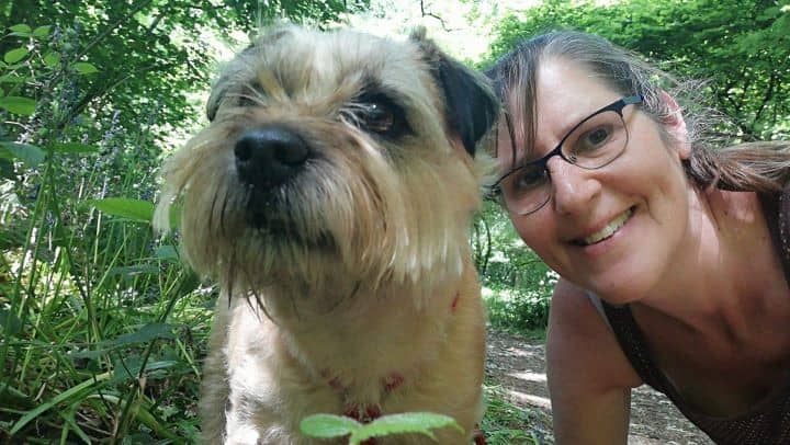 Sarah and a terrier.